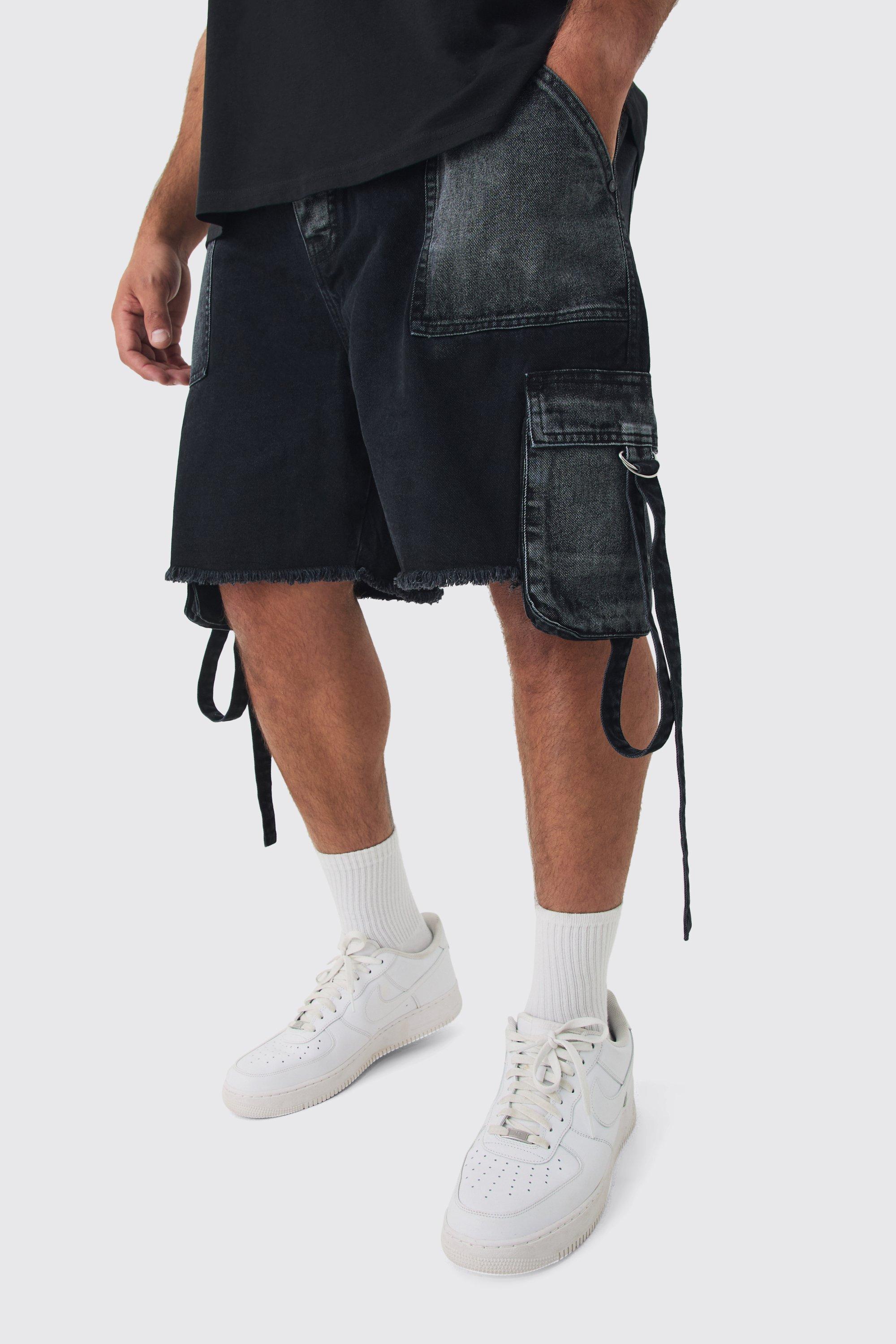 Mens Plus Relaxed Rigid Cargo Pocket Denim Short In Washed Black, Black